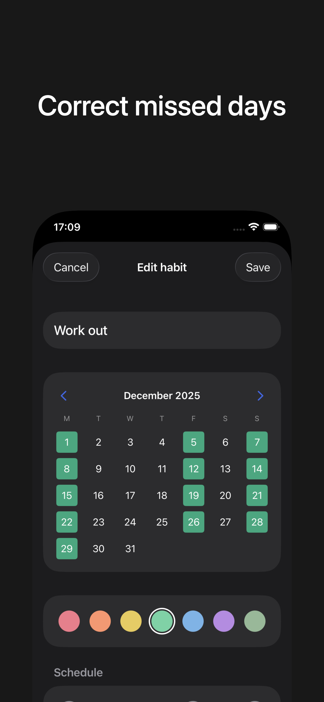 Edit habit view with calendar to correct missed days